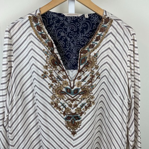 Womens Soft Surroundings Tangier Tunic Top Chevron Stripe Beaded Neck Medium - Picture 2 of 7